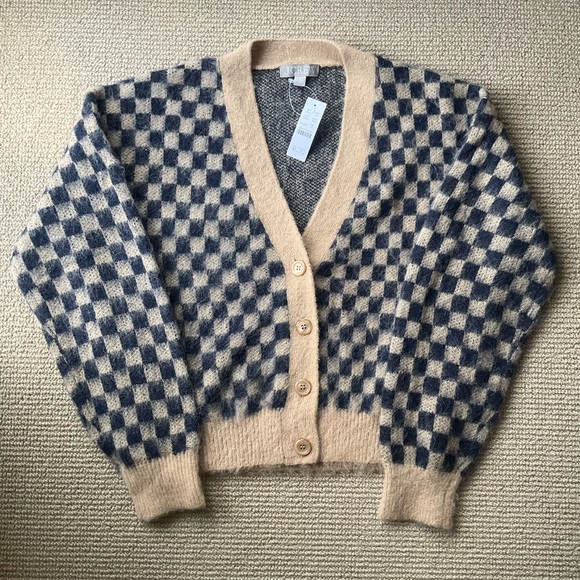 NWT J Crew Checkered V Neck Cardigan Sweater, Brushed Yarn - Picture 4 of 6